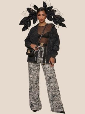 PrettyLittleThing Palm Leaf Jacquard Wide Leg Jogger US Size 10 NWT Oversized